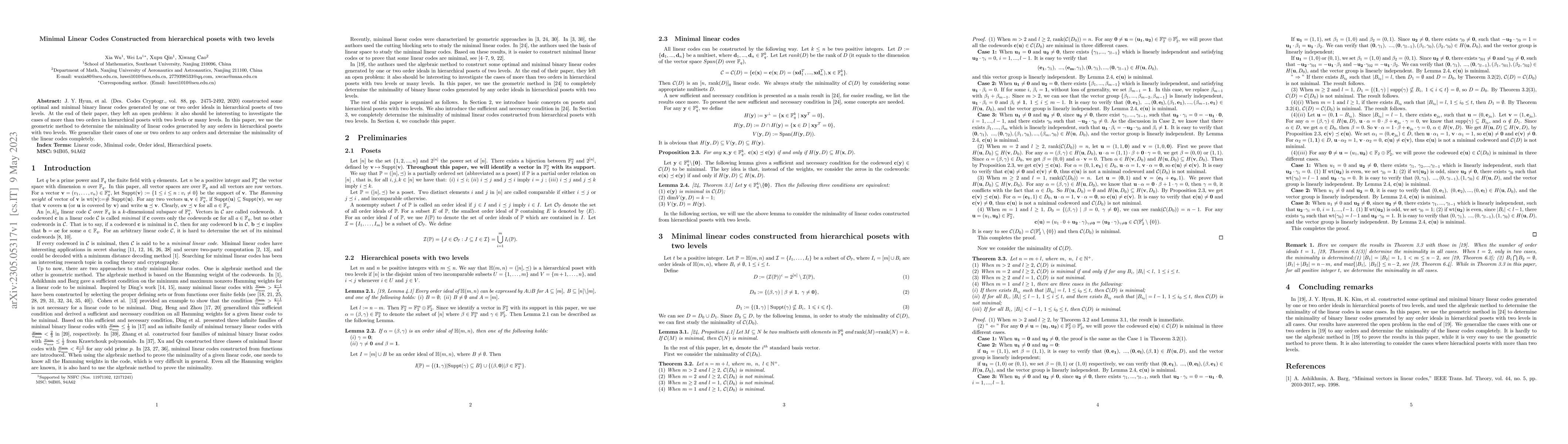 Thumbnail for Minimal Linear Codes Constructed from hierarchical posets with two
  levels