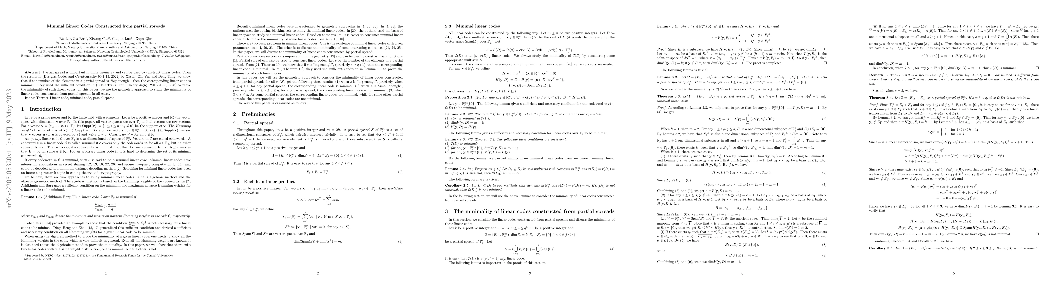 Thumbnail for Minimal Linear Codes Constructed from partial spreads