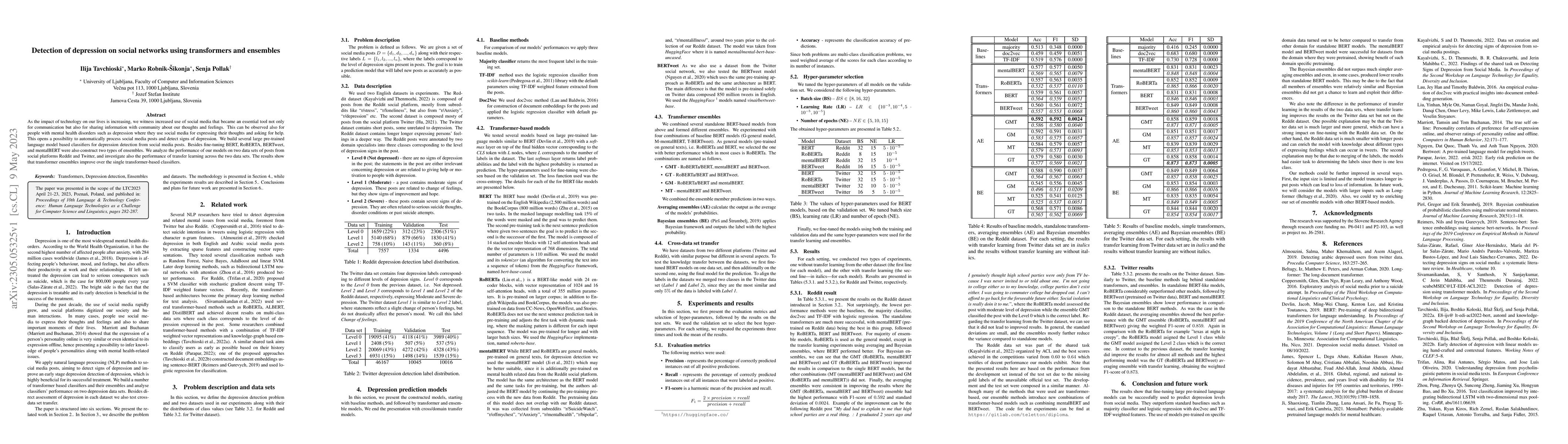 Thumbnail for Detection of depression on social networks using transformers and
  ensembles