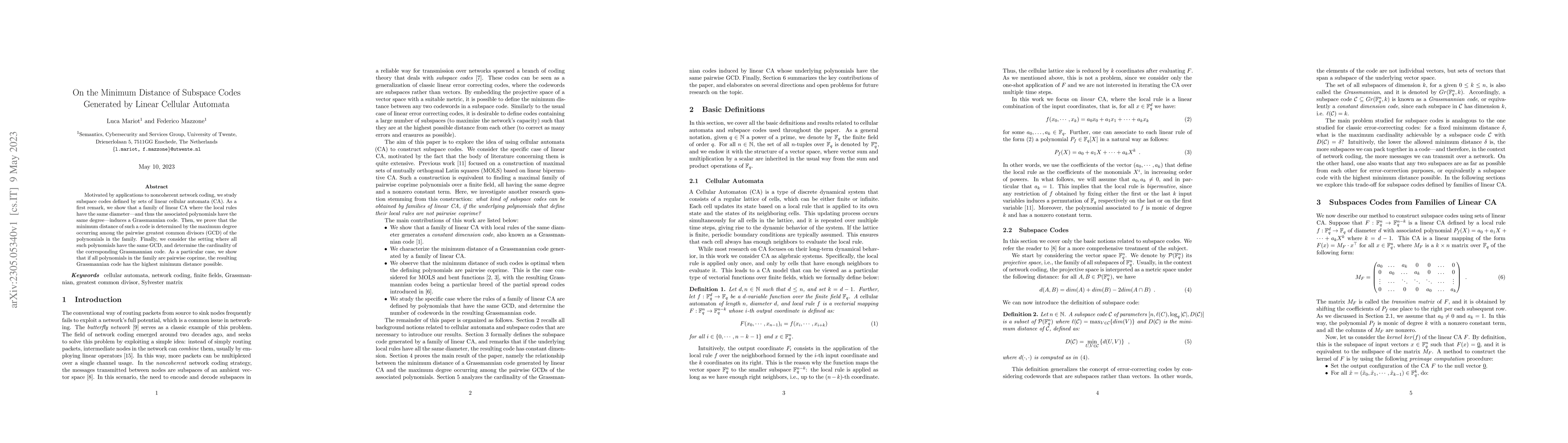 Thumbnail for On the Minimum Distance of Subspace Codes Generated by Linear Cellular
  Automata