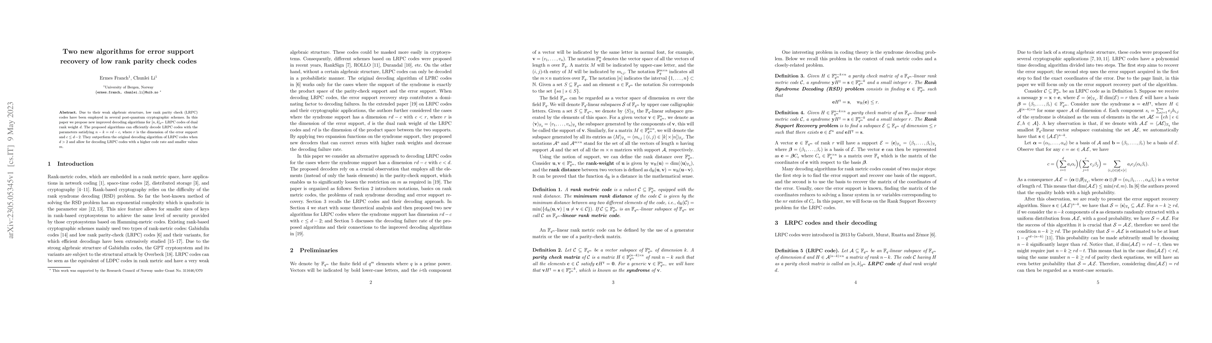 Thumbnail for Two new algorithms for error support recovery of low rank parity check
  codes