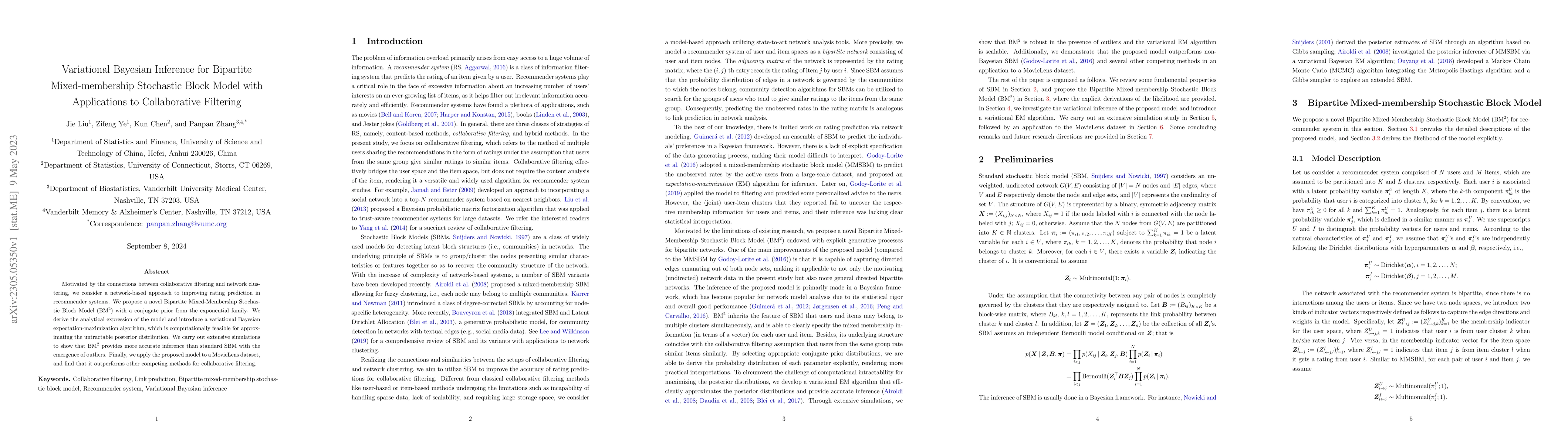 Thumbnail for Variational Bayesian Inference for Bipartite Mixed-membership Stochastic
  Block Model with Applications to Collaborative Filtering
