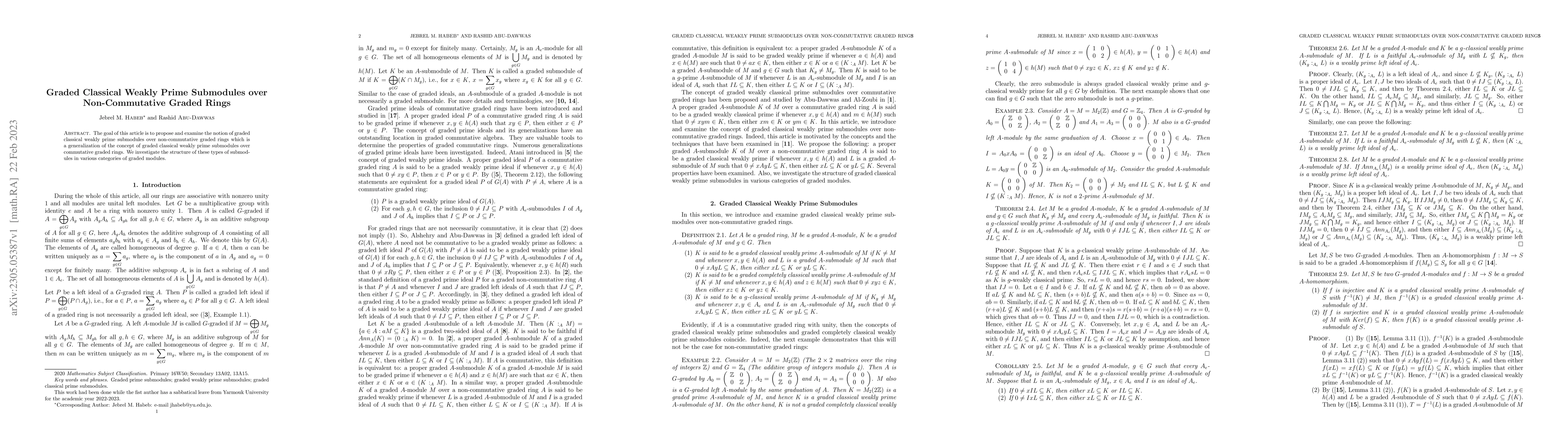 Thumbnail for Graded Classical Weakly Prime Submodules over Non-Commutative Graded
  Rings