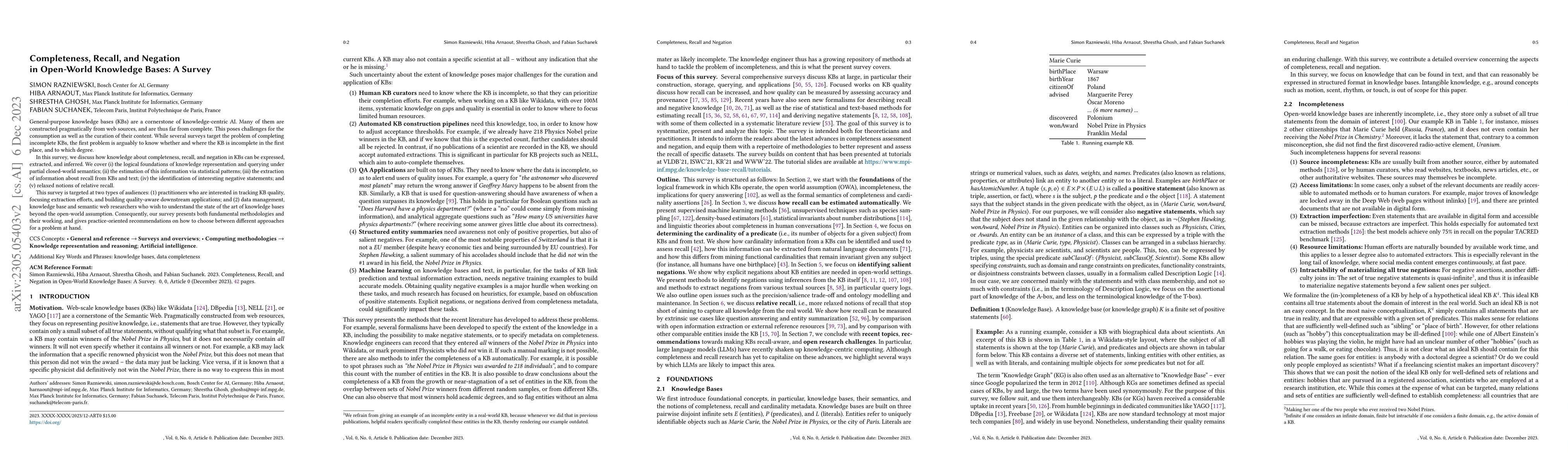 Thumbnail for Completeness, Recall, and Negation in Open-World Knowledge Bases: A
  Survey