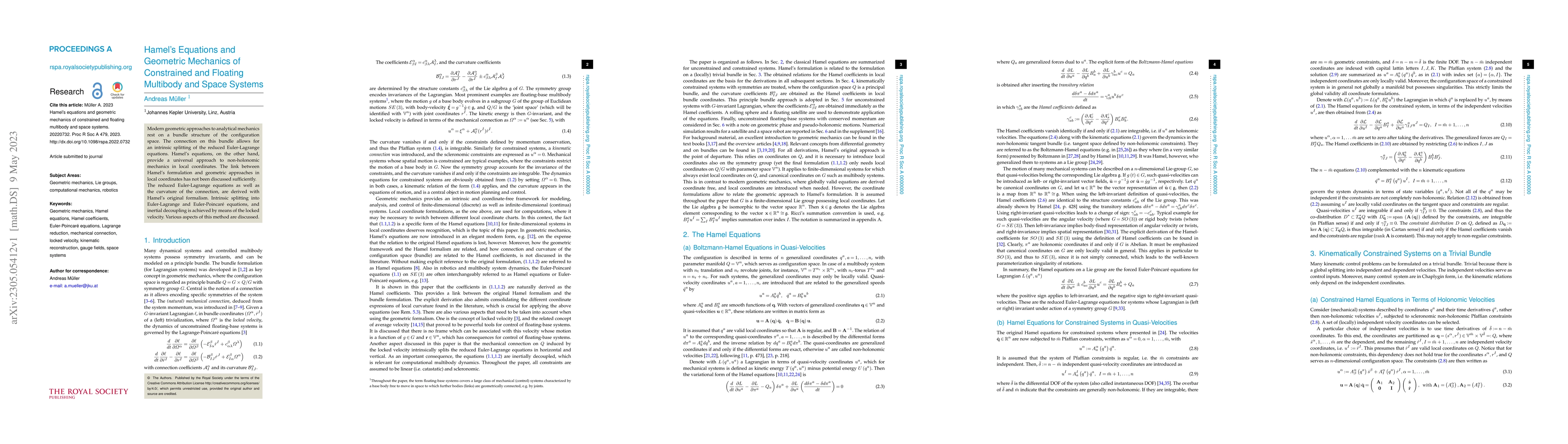 Thumbnail for Hamel's Equations and Geometric Mechanics of Constrained and Floating
  Multibody and Space Systems