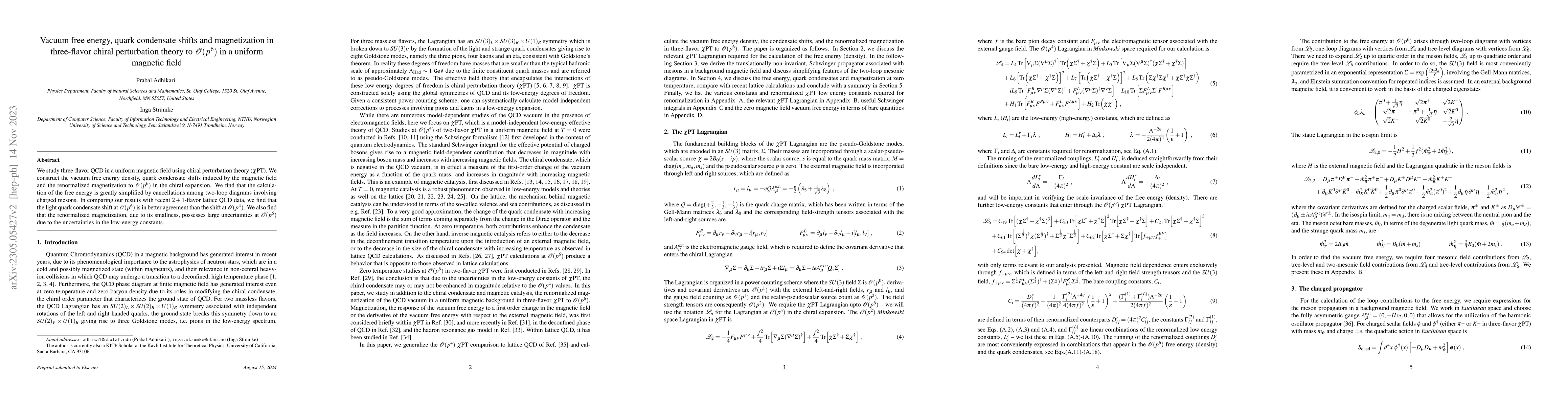 Thumbnail for Vacuum free energy, quark condensate shifts and magnetization in
  three-flavor chiral perturbation theory to $\mathcal{O}(p^6)$ in a uniform
  magnetic field