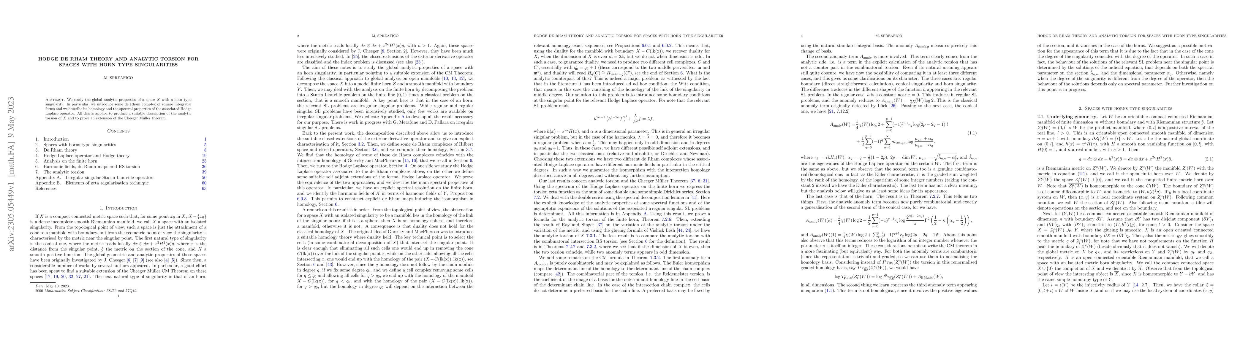 Thumbnail for Hodge de Rham theory and analytic torsion for spaces with horn type
  singularities