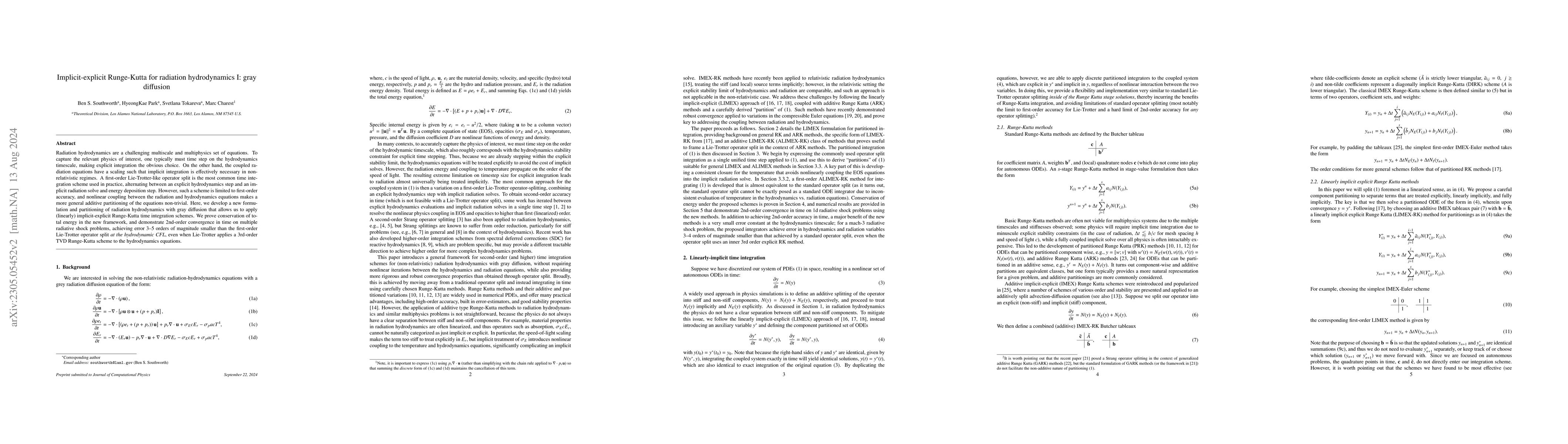 Thumbnail for Implicit-explicit Runge-Kutta for radiation hydrodynamics I: gray
  diffusion