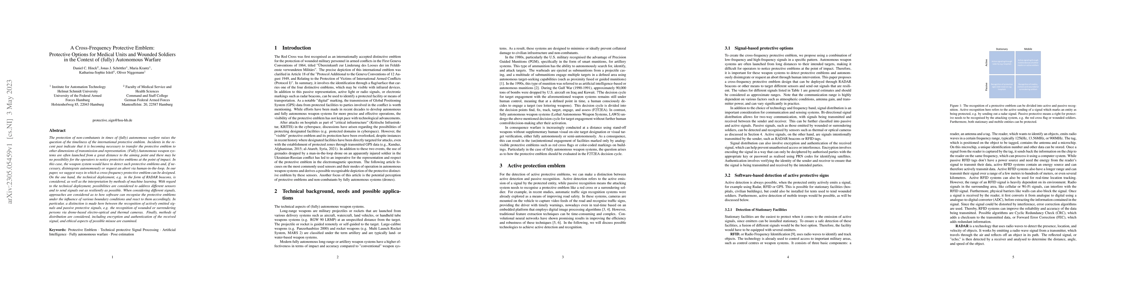 Thumbnail for A Cross-Frequency Protective Emblem: Protective Options for Medical
  Units and Wounded Soldiers in the Context of (fully) Autonomous Warfare