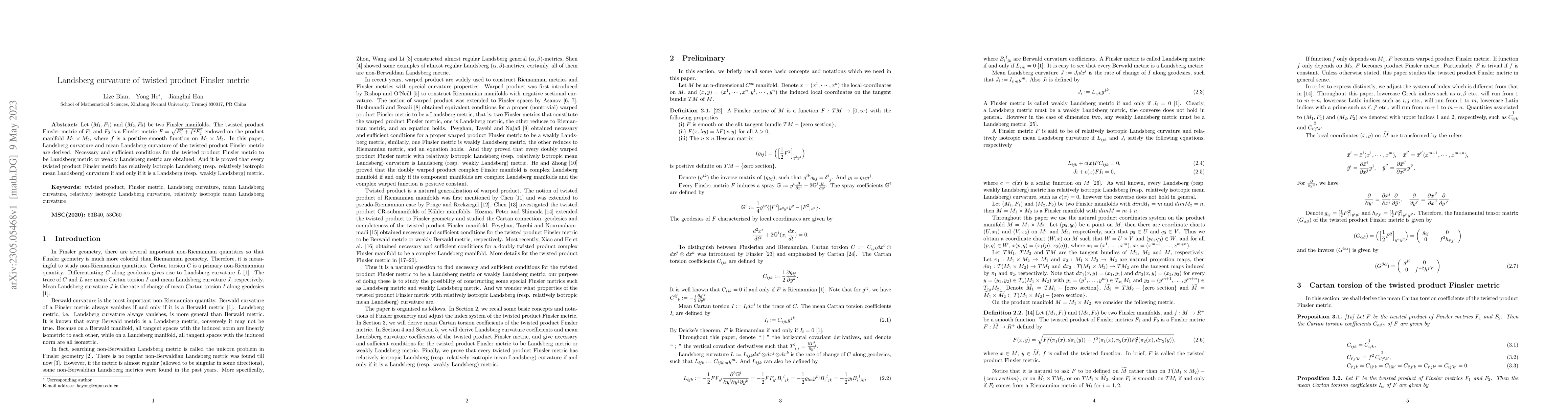 Thumbnail for Landsberg curvature of twisted product Finsler metric