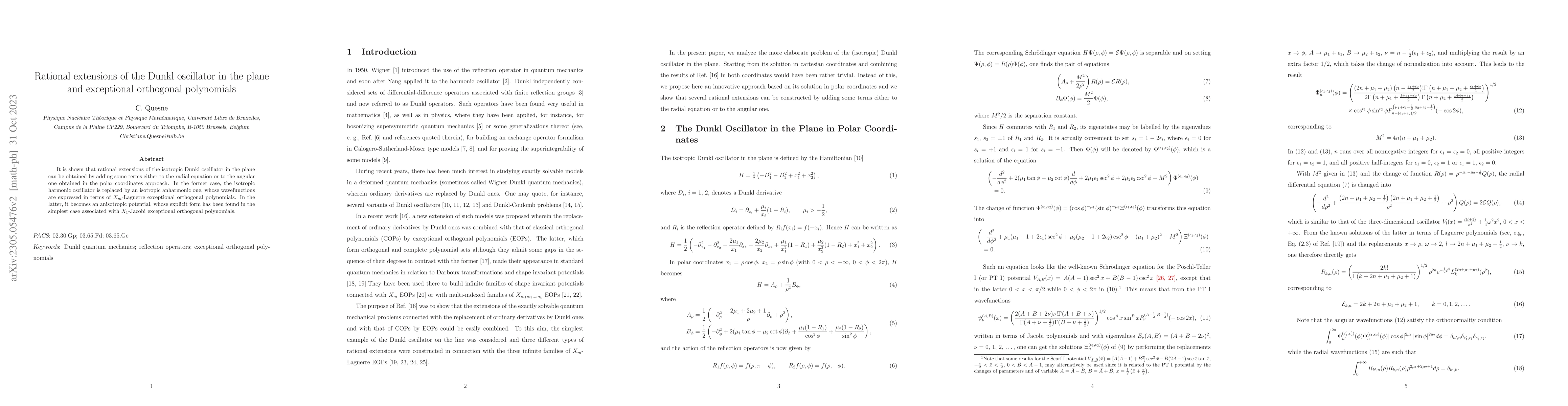 Thumbnail for Rational extensions of the Dunkl oscillator in the plane and exceptional
  orthogonal polynomials