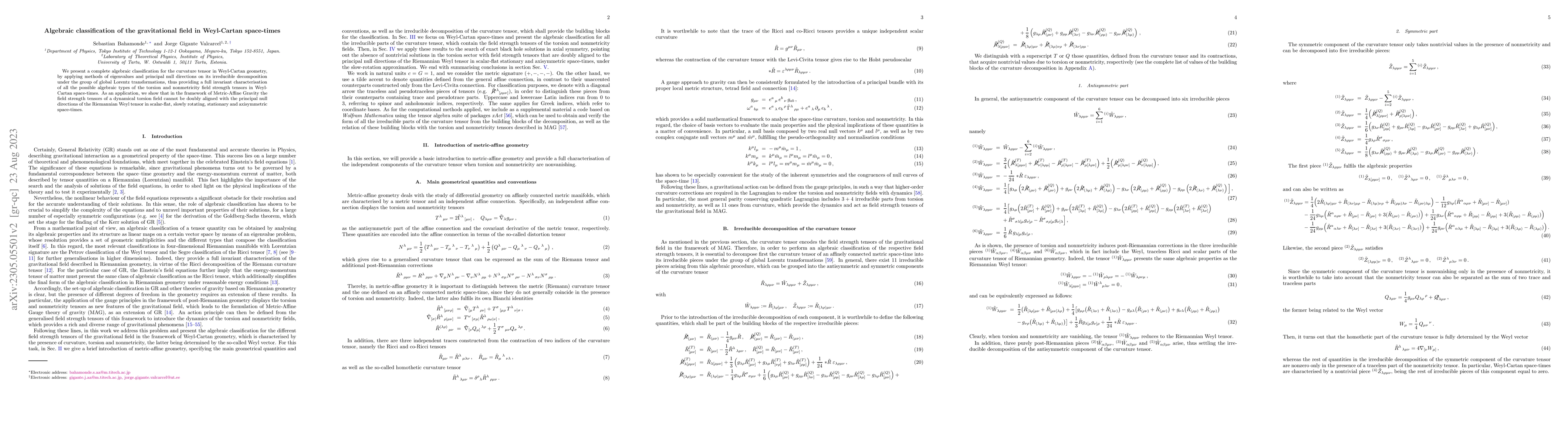 Thumbnail for Algebraic classification of the gravitational field in Weyl-Cartan
  space-times