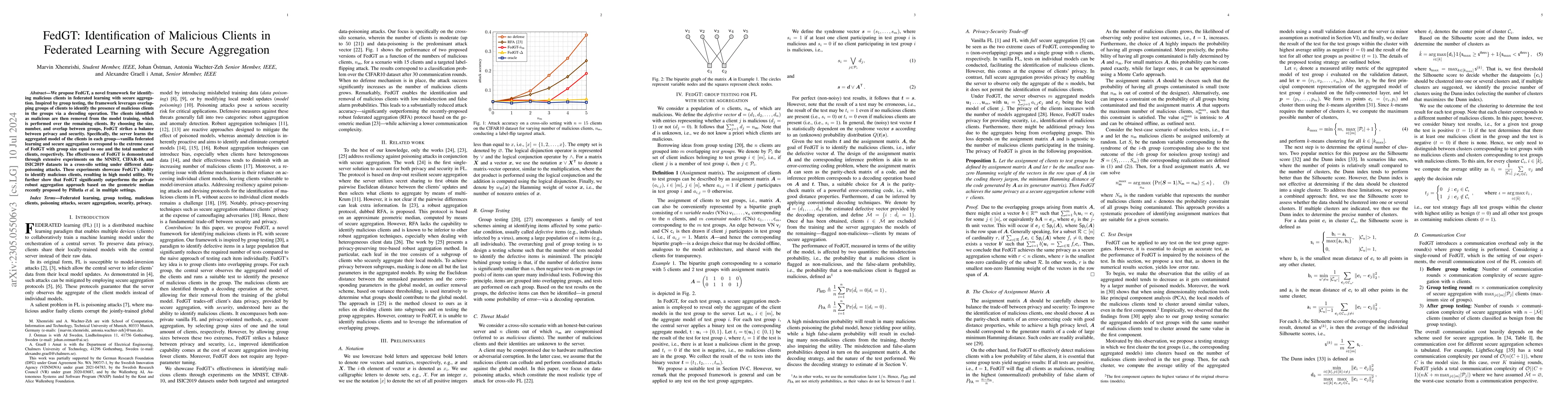 Thumbnail for FedGT: Identification of Malicious Clients in Federated Learning with
  Secure Aggregation