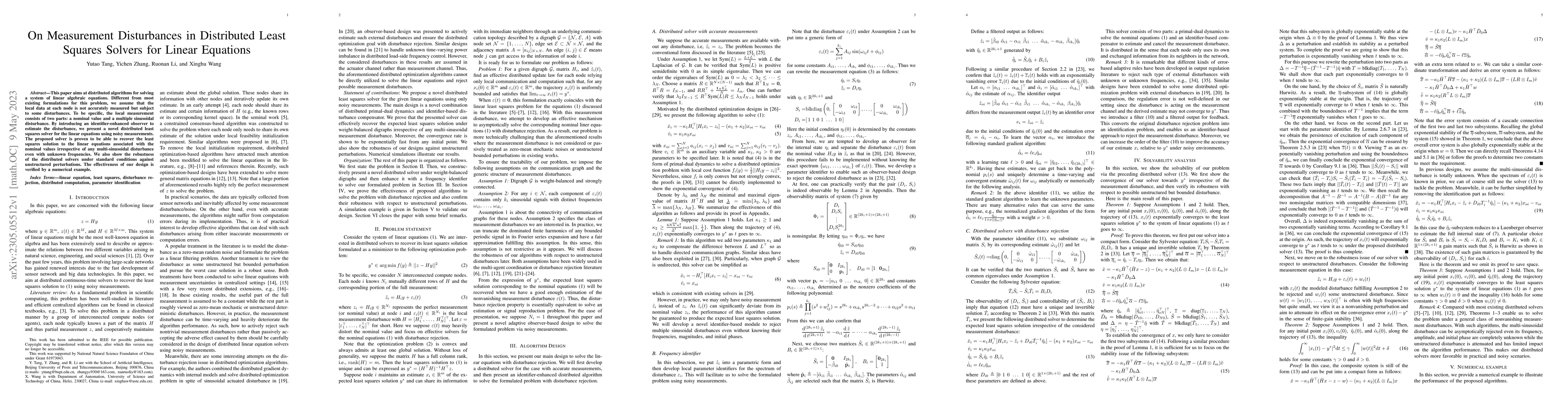 Thumbnail for On Measurement Disturbances in Distributed Least Squares Solvers for
  Linear Equations