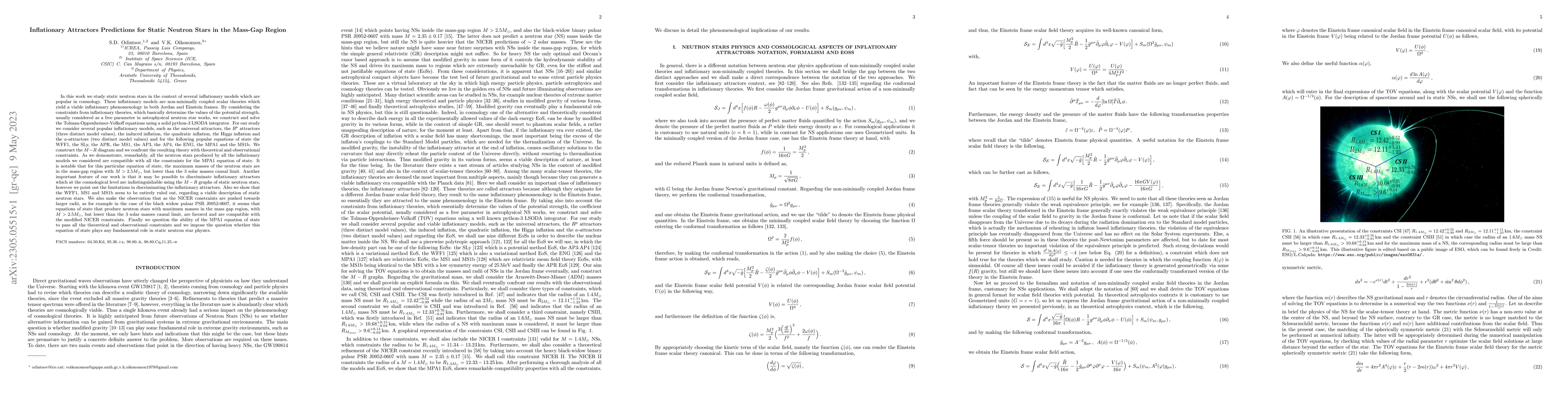 Thumbnail for Inflationary Attractors Predictions for Static Neutron Stars in the
  Mass-Gap Region