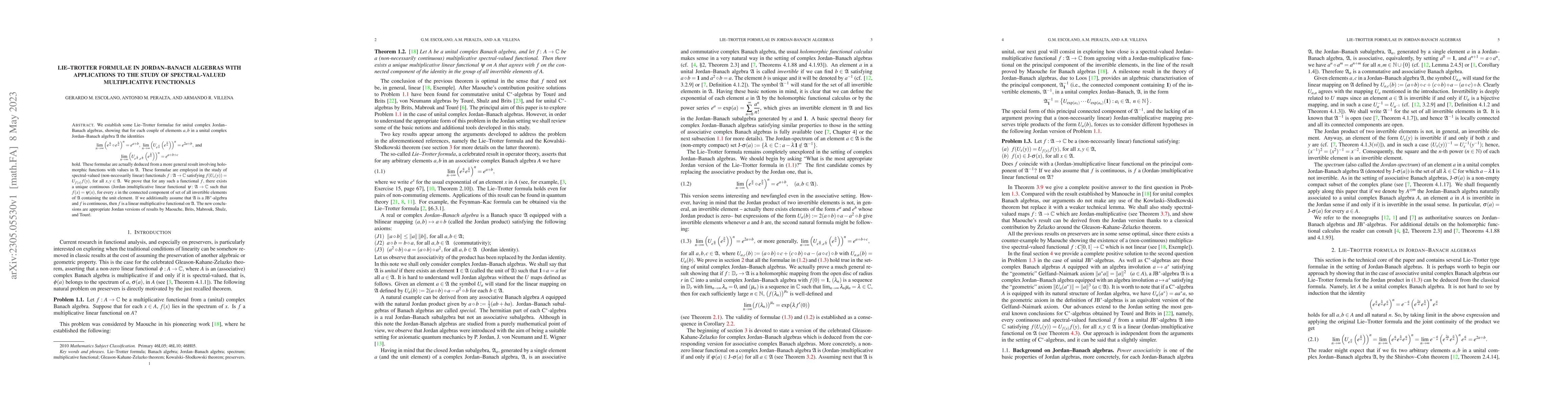 Thumbnail for Lie--Trotter formulae in Jordan--Banach algebras with applications to
  the study of spectral-valued multiplicative functionals
