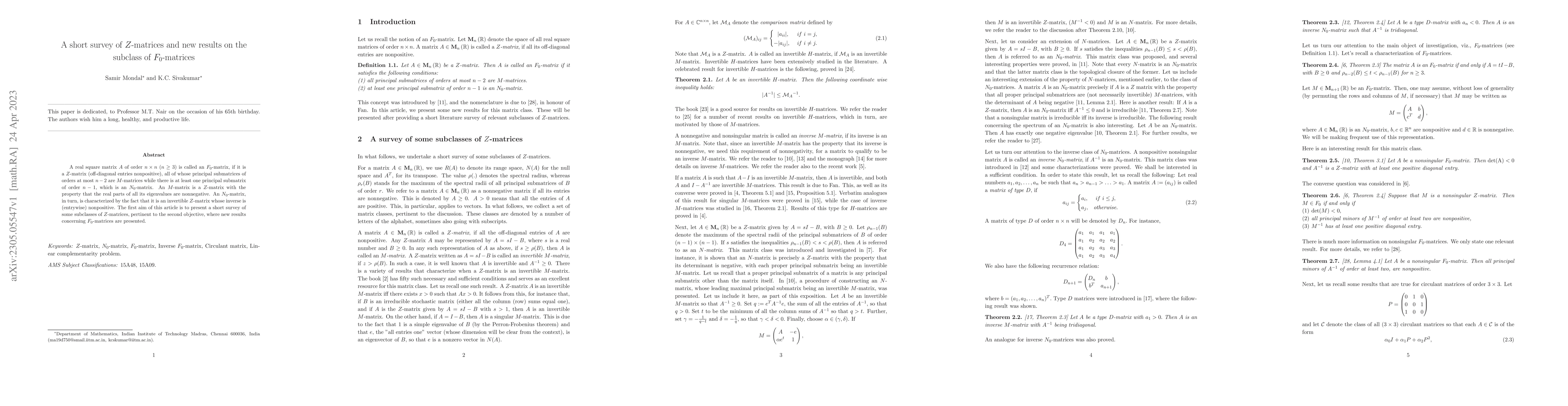 Thumbnail for A short survey of $Z$-matrices and new results on the subclass of
  $F_0$-matrices