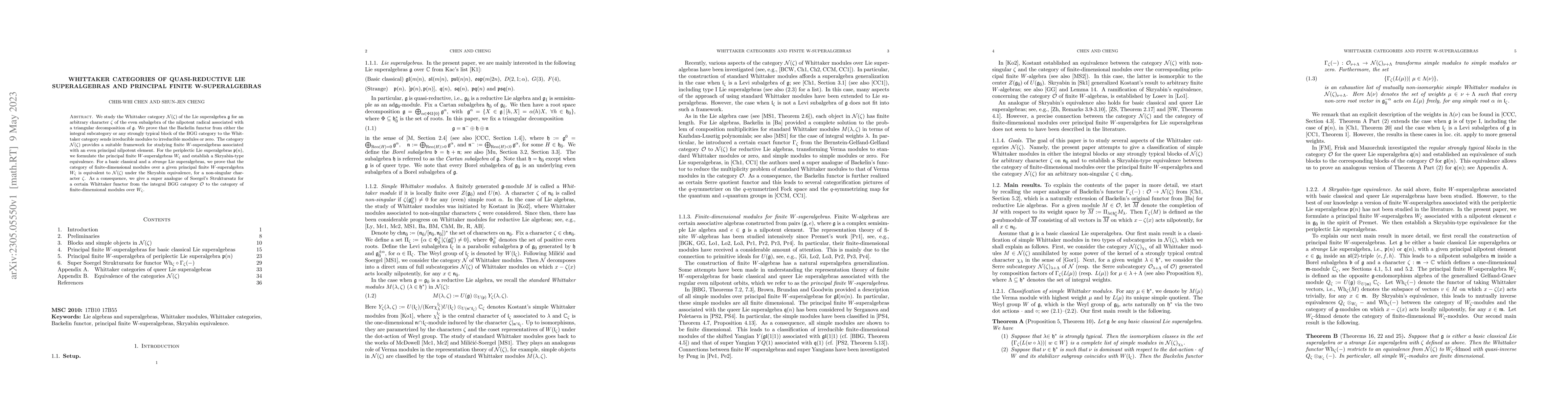 Thumbnail for Whittaker categories of quasi-reductive Lie superalgebras and principal
  finite W-superalgebras