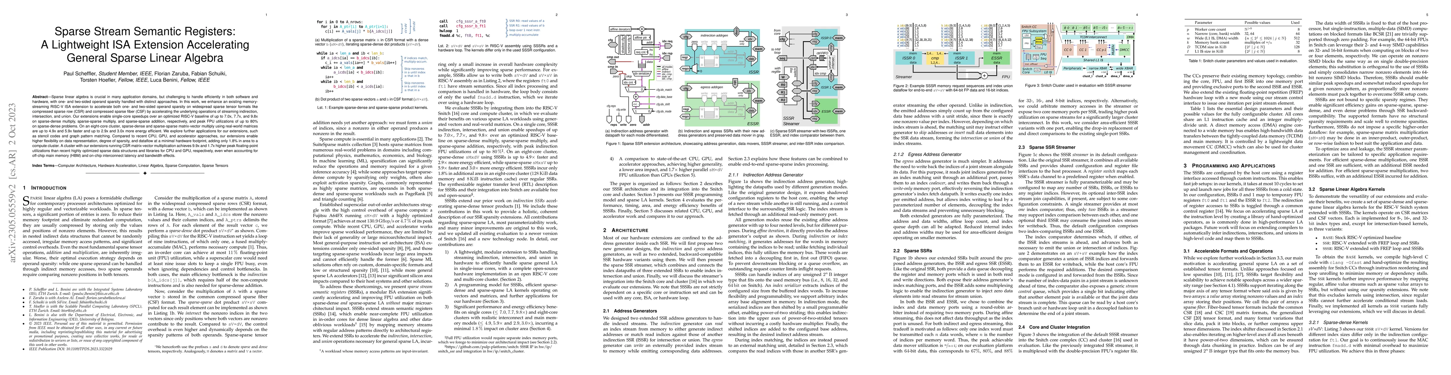 Thumbnail for Sparse Stream Semantic Registers: A Lightweight ISA Extension
  Accelerating General Sparse Linear Algebra