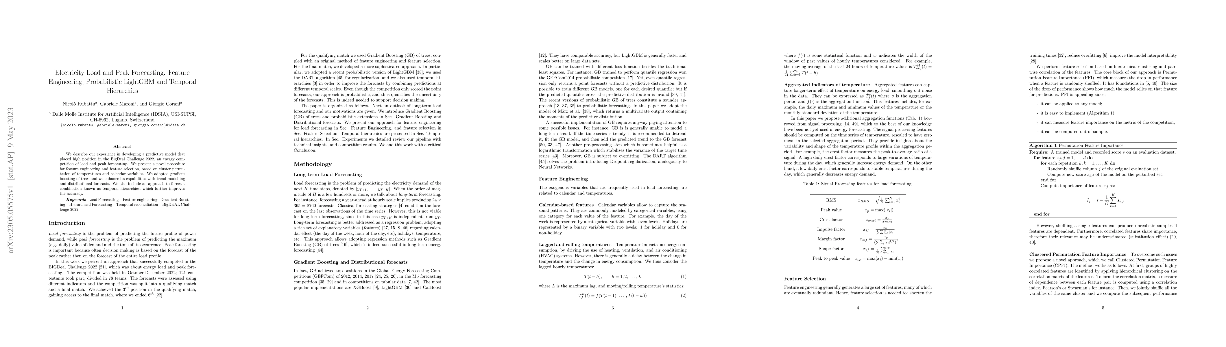 Thumbnail for Electricity Load and Peak Forecasting: Feature Engineering,
  Probabilistic LightGBM and Temporal Hierarchies