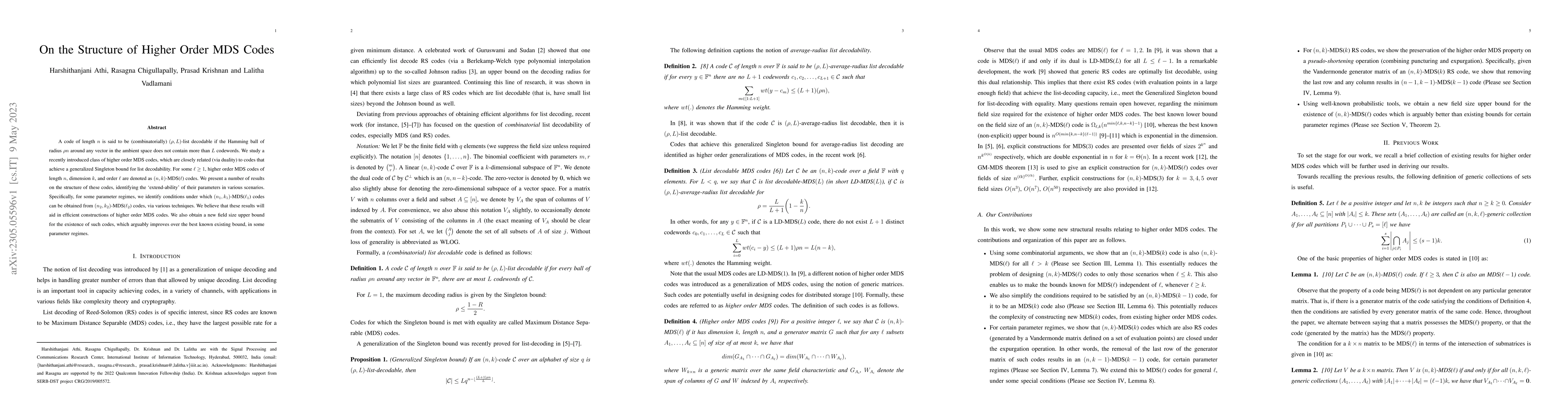 Thumbnail for On the Structure of Higher Order MDS Codes