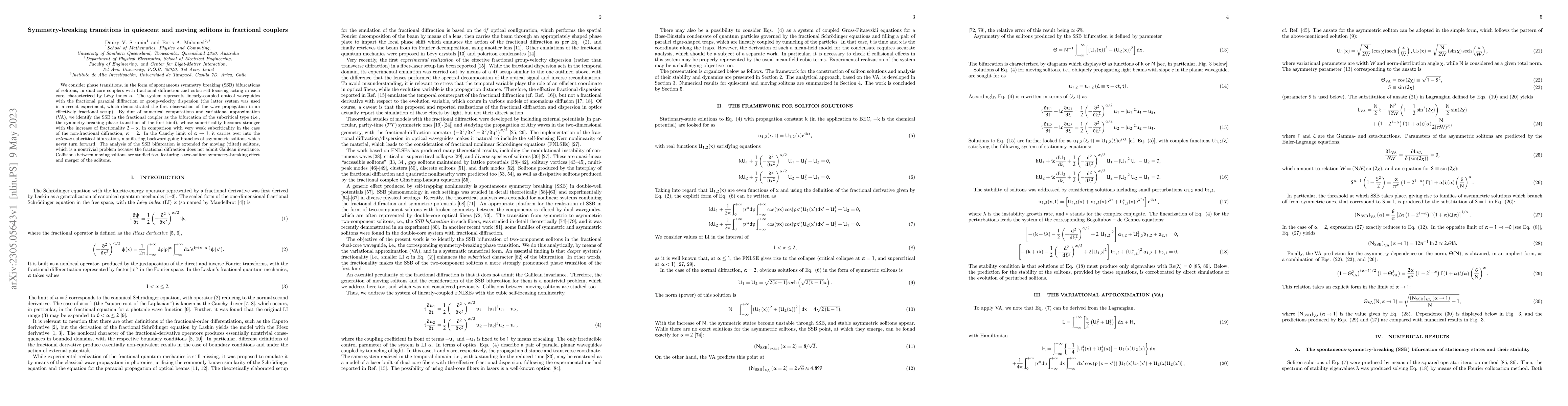 Thumbnail for Symmetry-breaking transitions in quiescent and moving solitons in
  fractional couplers