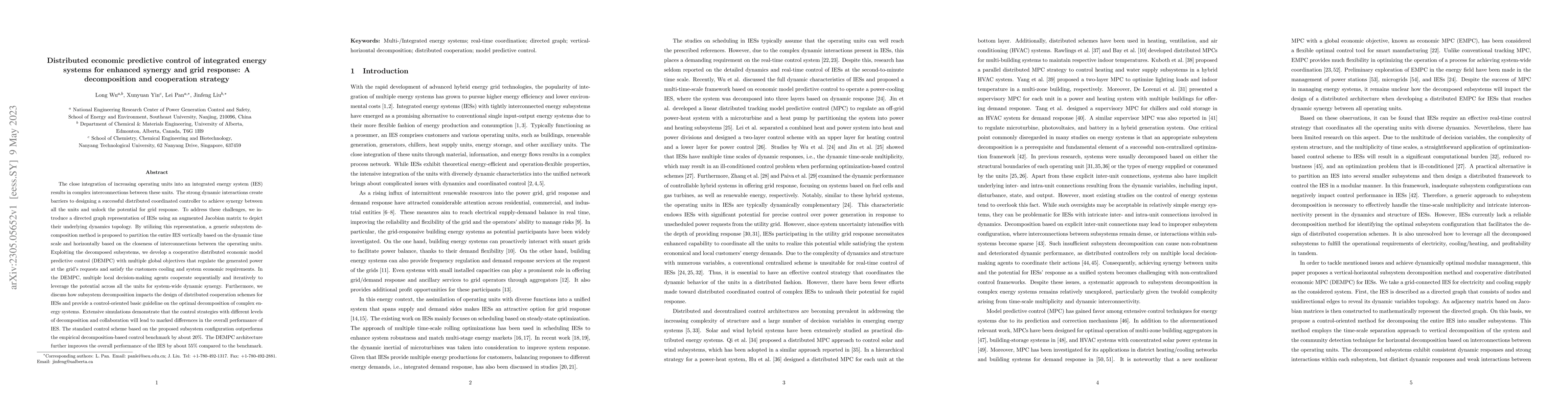 Thumbnail for Distributed economic predictive control of integrated energy systems for
  enhanced synergy and grid response: A decomposition and cooperation strategy