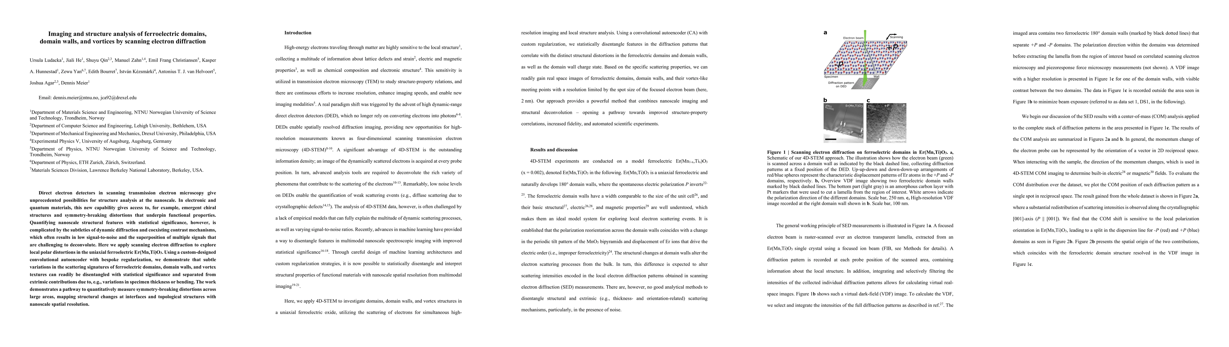 Thumbnail for Imaging and structure analysis of ferroelectric domains, domain walls,
  and vortices by scanning electron diffraction