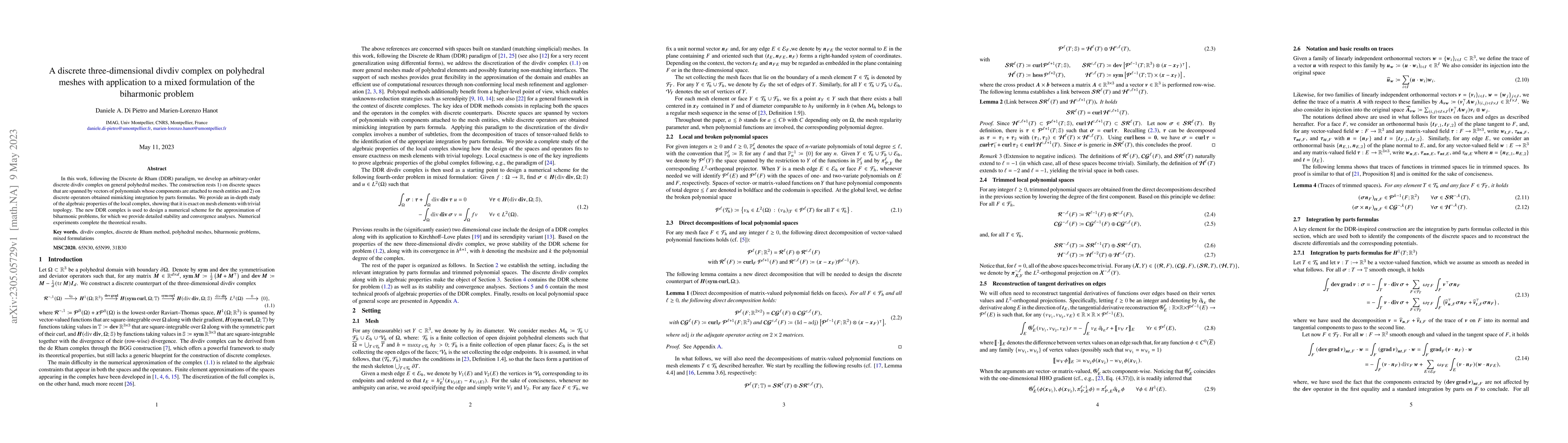 Thumbnail for A discrete three-dimensional divdiv complex on polyhedral meshes with
  application to a mixed formulation of the biharmonic problem