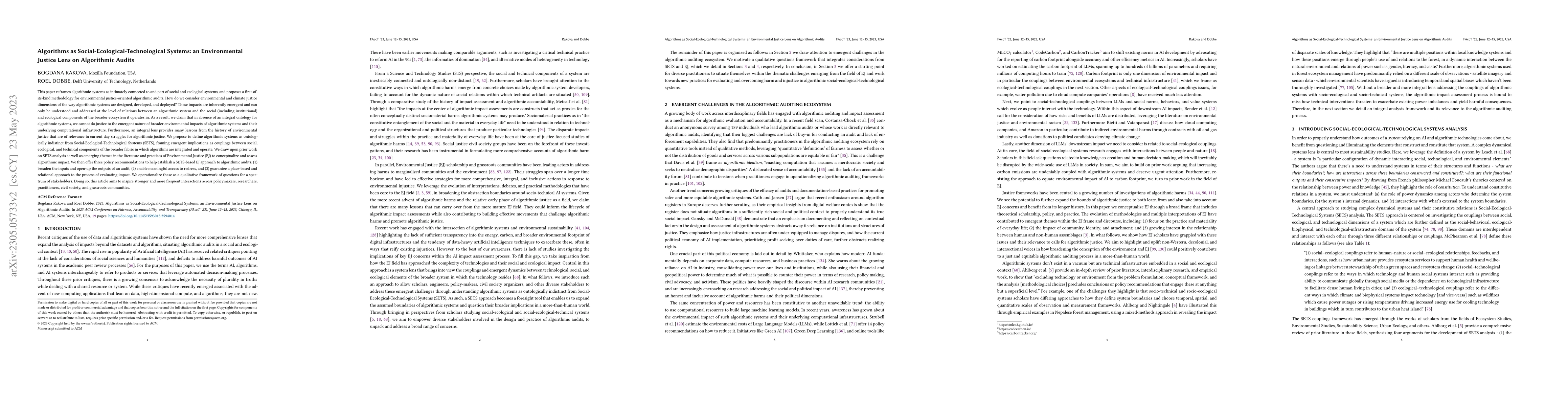 Thumbnail for Algorithms as Social-Ecological-Technological Systems: an Environmental
  Justice Lens on Algorithmic Audits