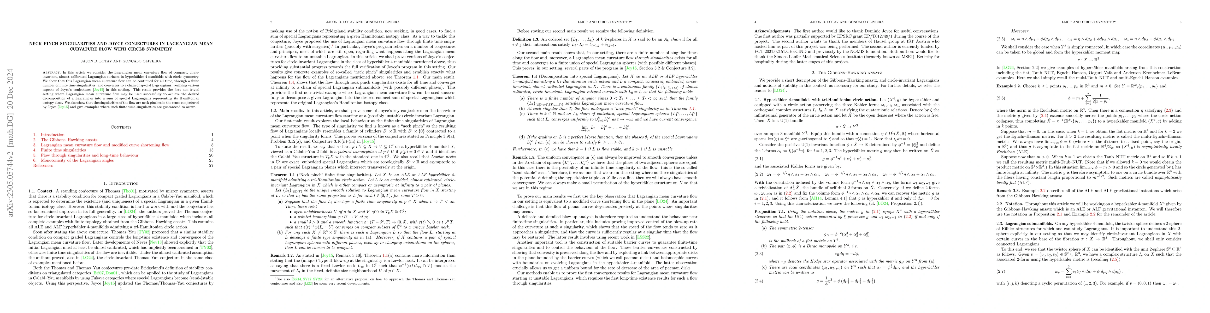 Thumbnail for Neck pinch singularities and Joyce conjectures in Lagrangian mean
  curvature flow with circle symmetry