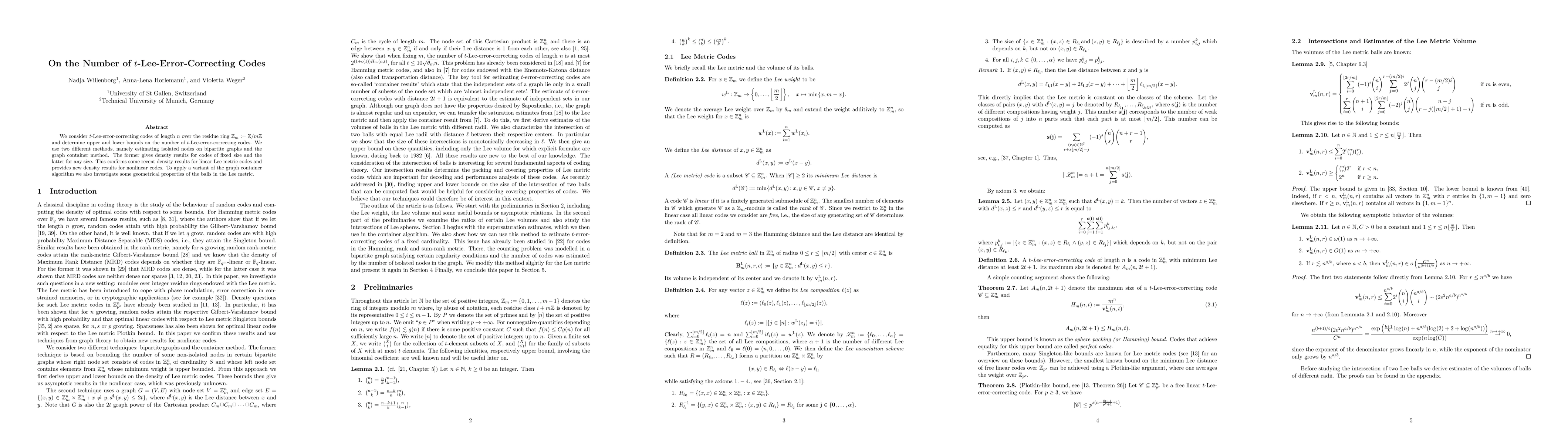 Thumbnail for On the Number of $t$-Lee-Error-Correcting Codes