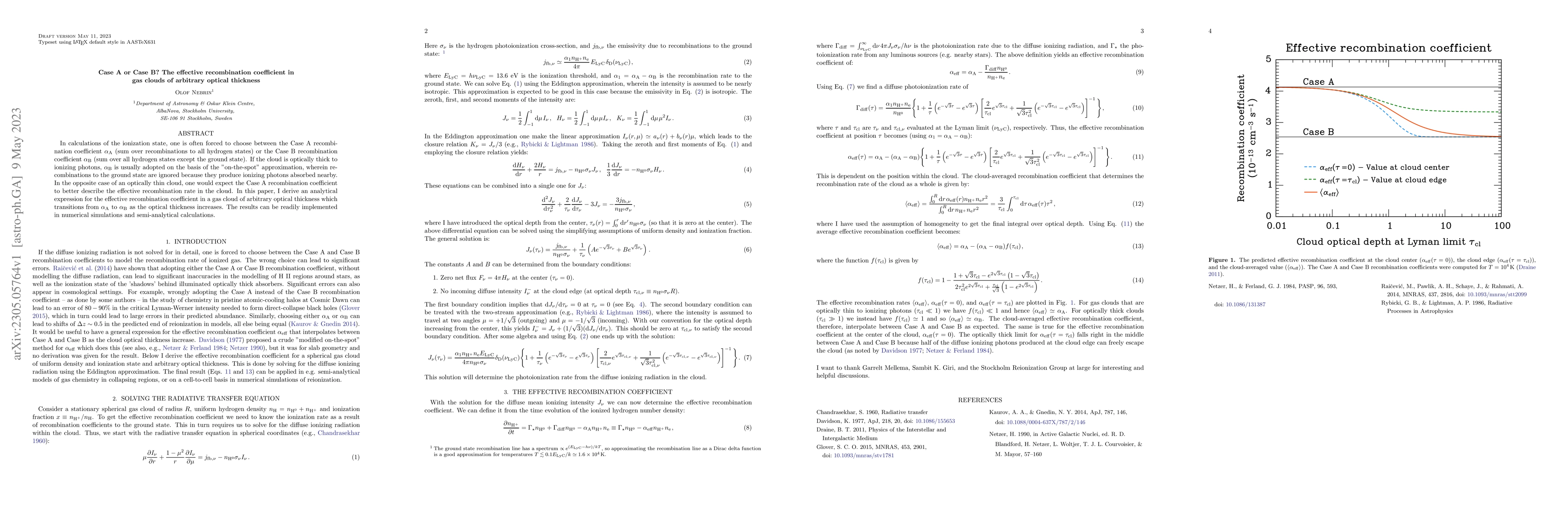Thumbnail for Case A or Case B? The effective recombination coefficient in gas clouds
  of arbitrary optical thickness