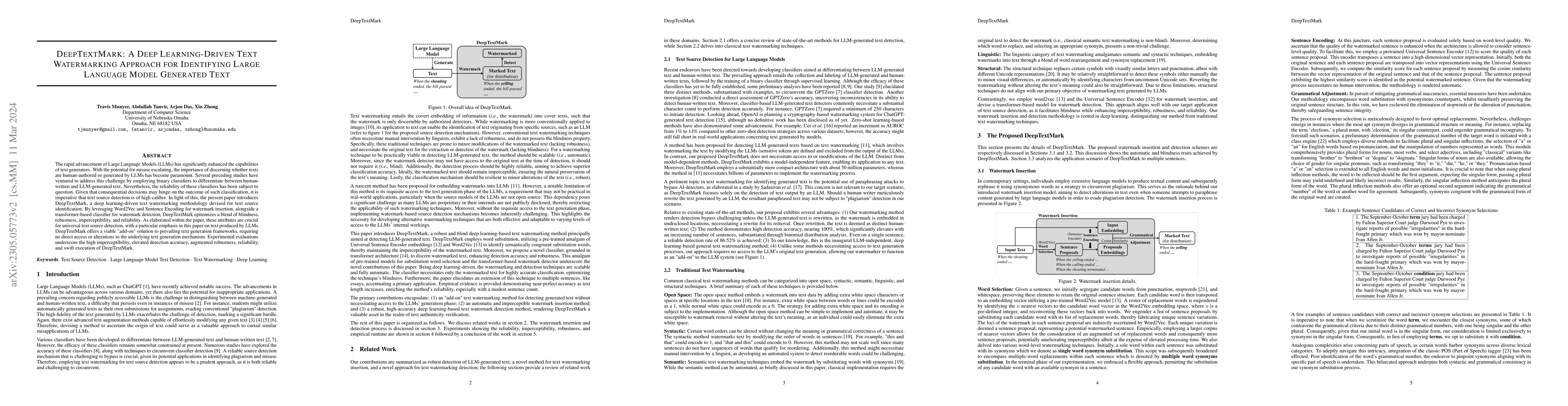 Thumbnail for DeepTextMark: A Deep Learning-Driven Text Watermarking Approach for
  Identifying Large Language Model Generated Text