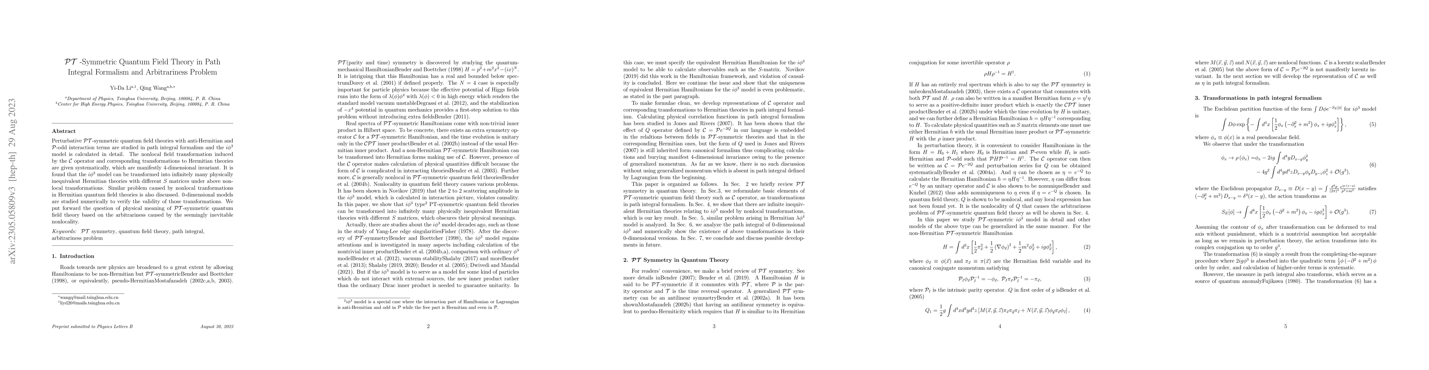 Thumbnail for PT-Symmetric Quantum Field Theory in Path Integral Formalism and
  Arbitrariness Problem