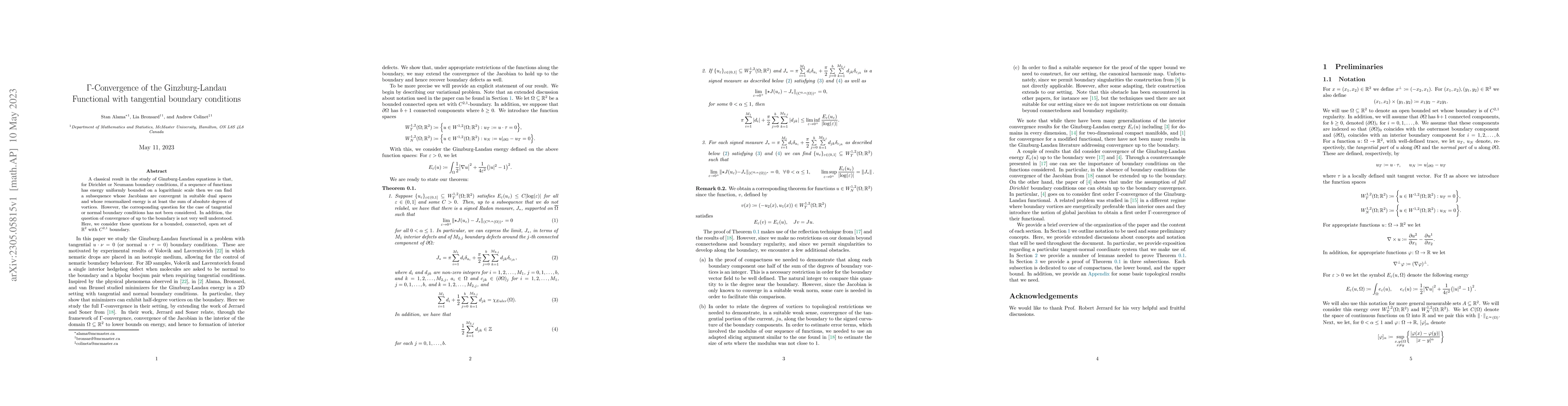 Thumbnail for $\Gamma$-Convergence of the Ginzburg-Landau Functional with tangential
  boundary conditions