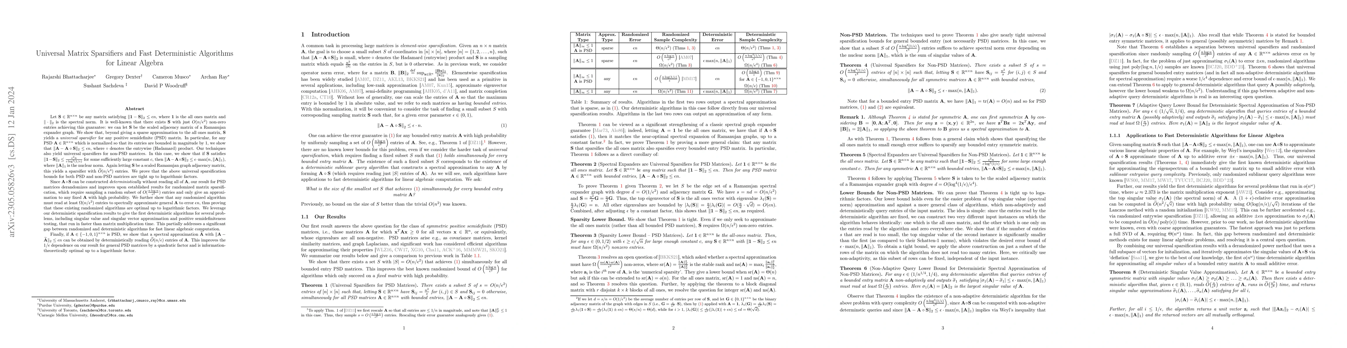 Thumbnail for Universal Matrix Sparsifiers and Fast Deterministic Algorithms for
  Linear Algebra