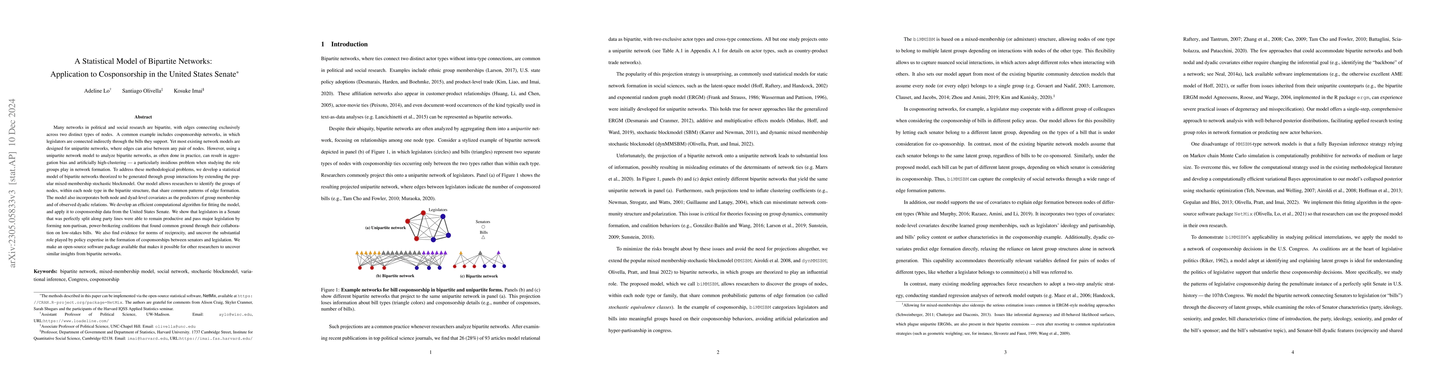 Thumbnail for A Statistical Model of Bipartite Networks: Application to Cosponsorship
  in the United States Senate