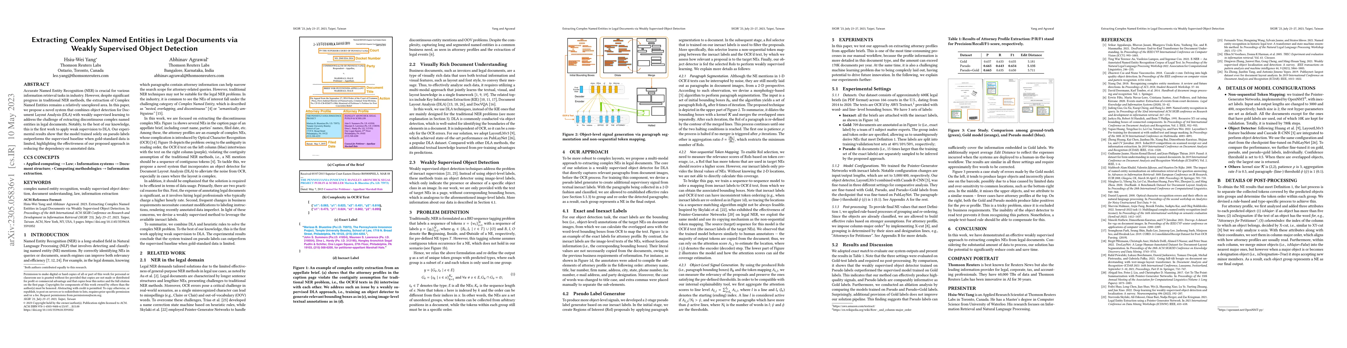 Thumbnail for Extracting Complex Named Entities in Legal Documents via Weakly
  Supervised Object Detection