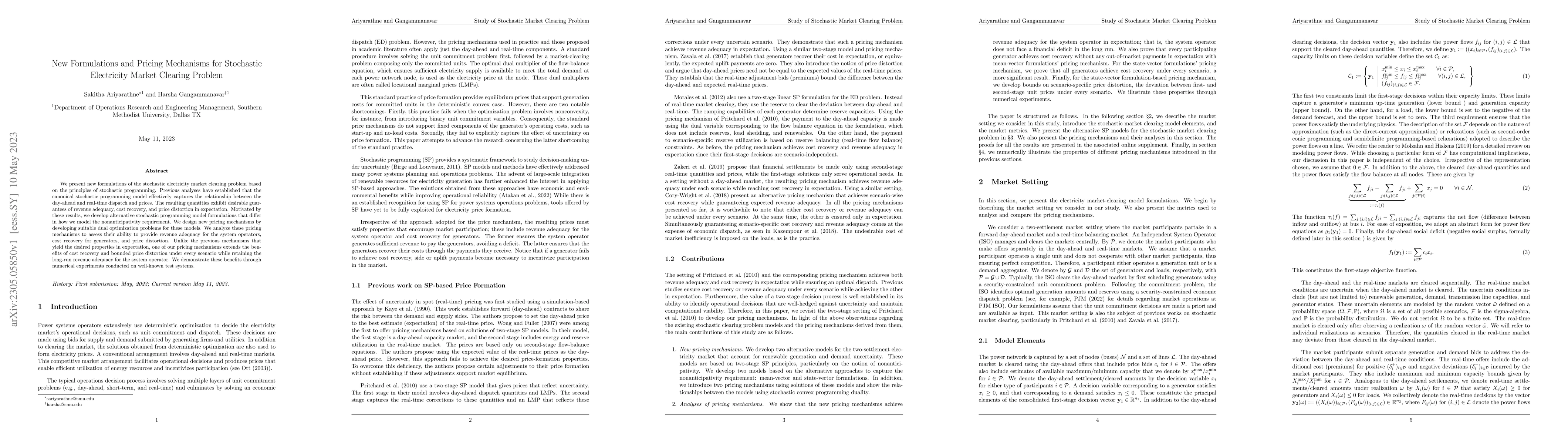 Thumbnail for New Formulations and Pricing Mechanisms for Stochastic Electricity
  Market Clearing Problem