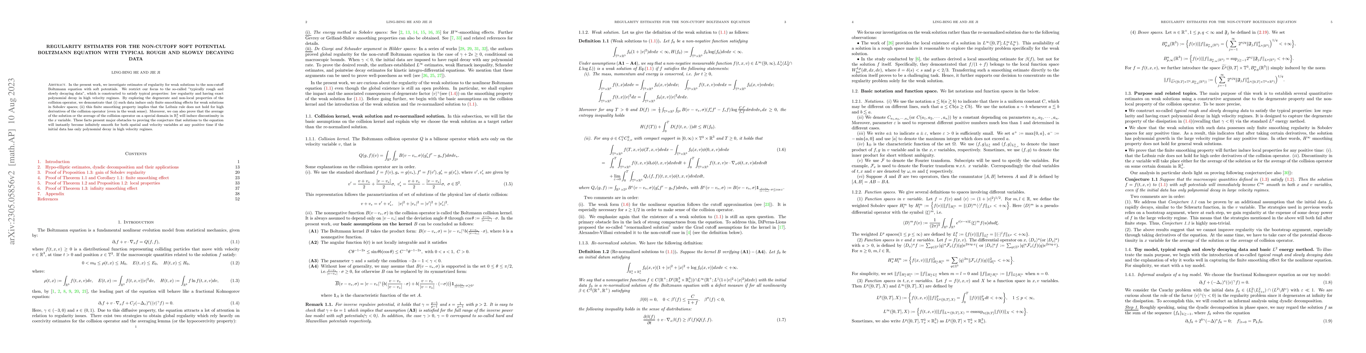 Thumbnail for Regularity estimates for the non-cutoff soft potential Boltzmann
  equation with typical rough and slowly decaying data