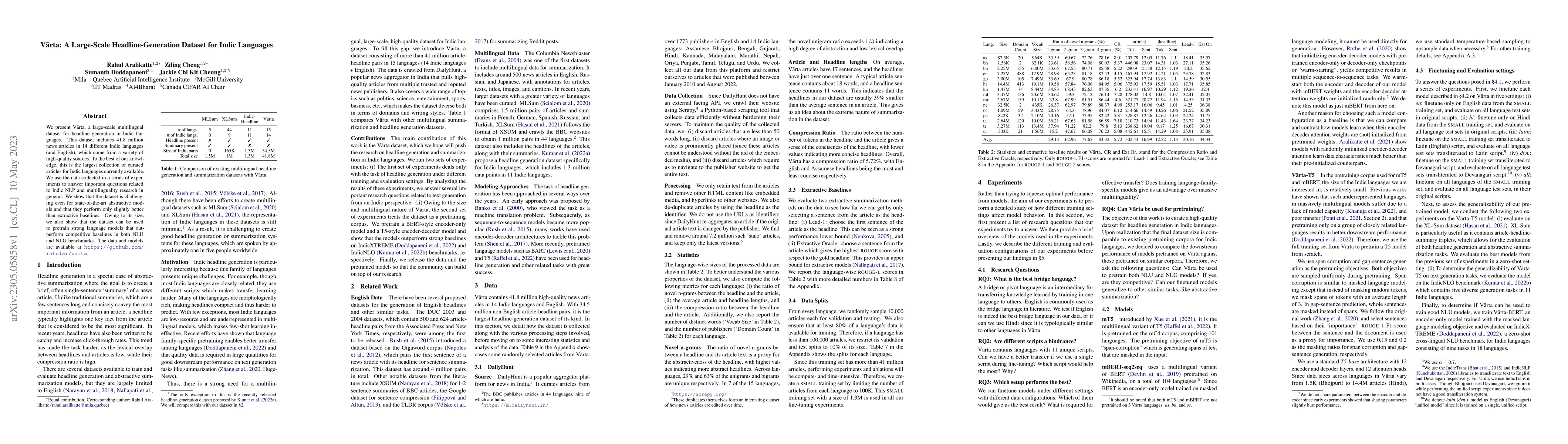Thumbnail for V\=arta: A Large-Scale Headline-Generation Dataset for Indic Languages