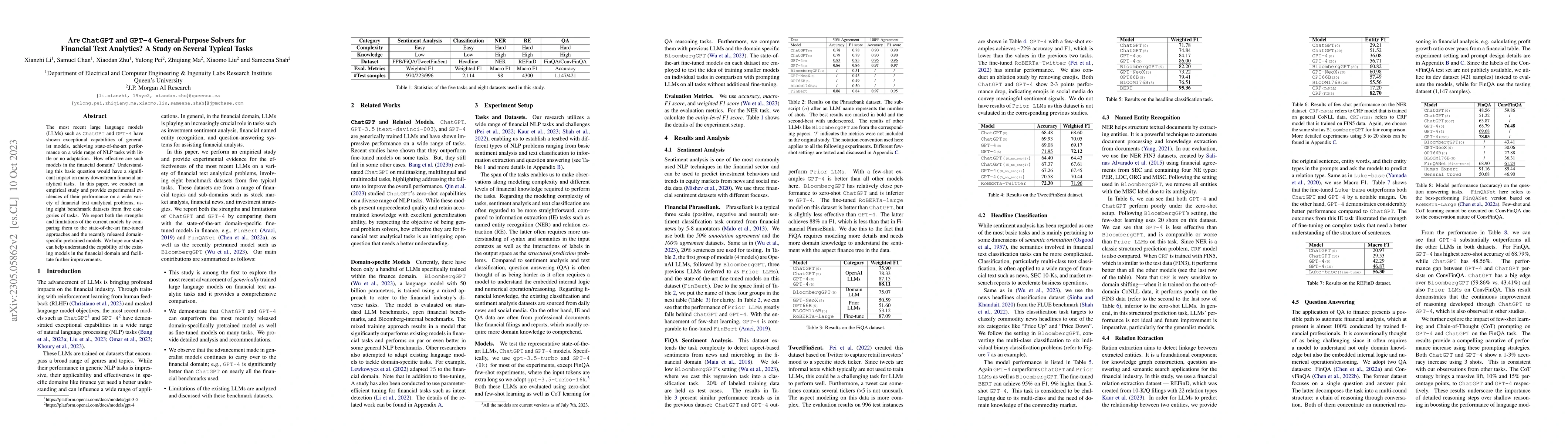 Thumbnail for Are ChatGPT and GPT-4 General-Purpose Solvers for Financial Text
  Analytics? A Study on Several Typical Tasks