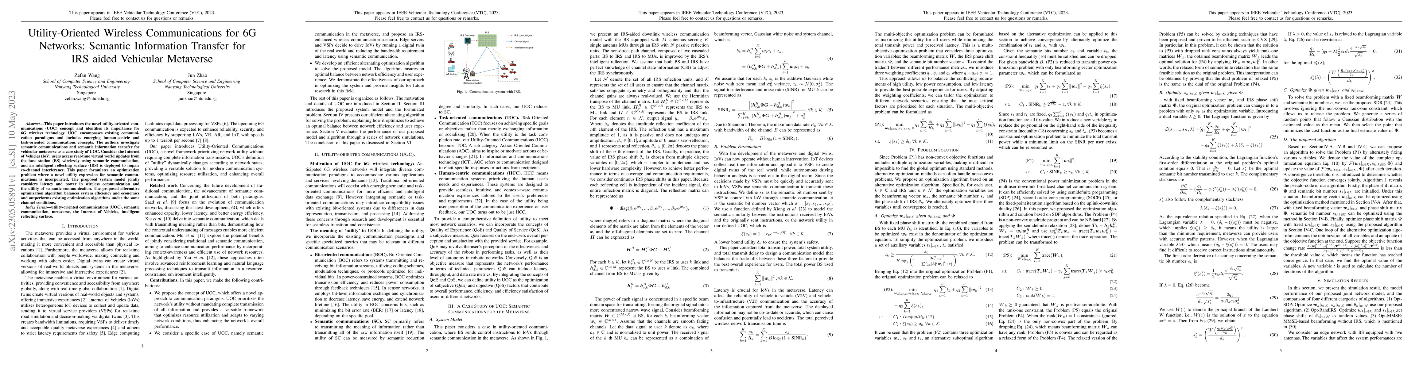 Thumbnail for Utility-Oriented Wireless Communications for 6G Networks: Semantic
  Information Transfer for IRS aided Vehicular Metaverse