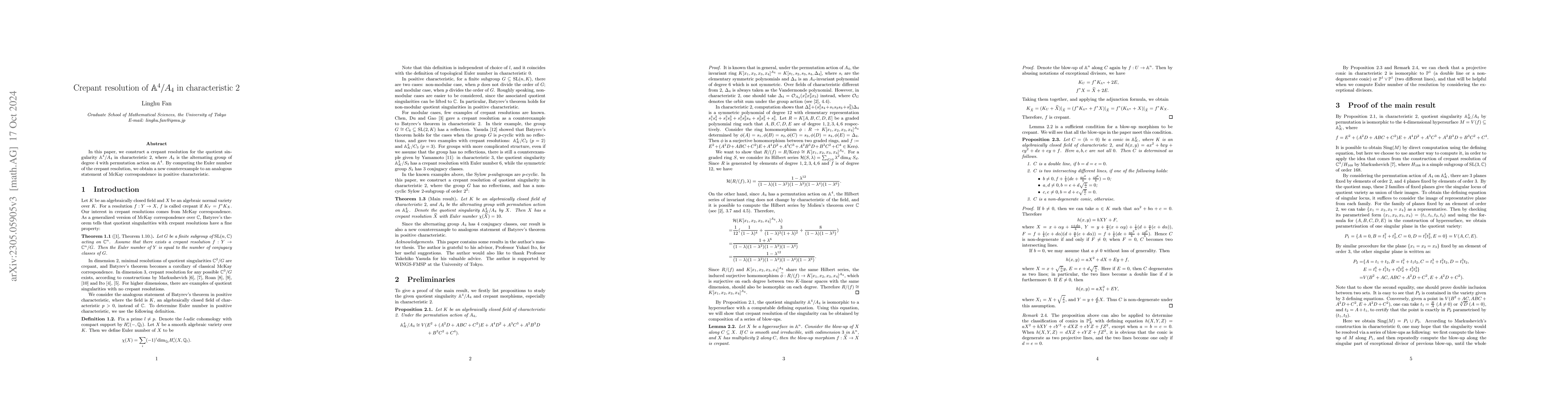 Thumbnail for Crepant resolution of $\mathbb{A}^4/A_4$ in characteristic 2