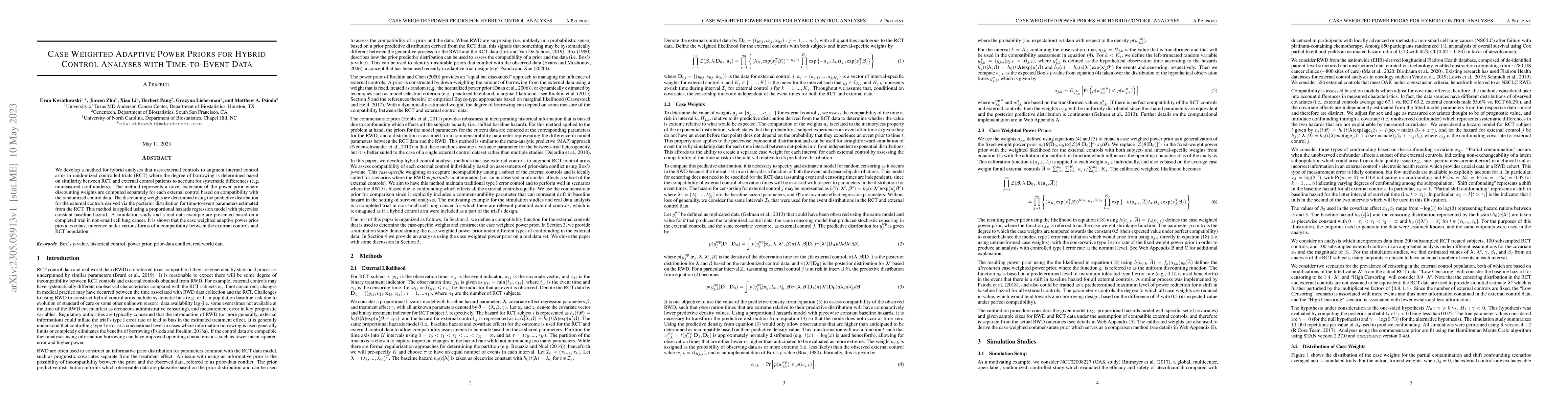 Thumbnail for Case Weighted Adaptive Power Priors for Hybrid Control Analyses with
  Time-to-Event Data