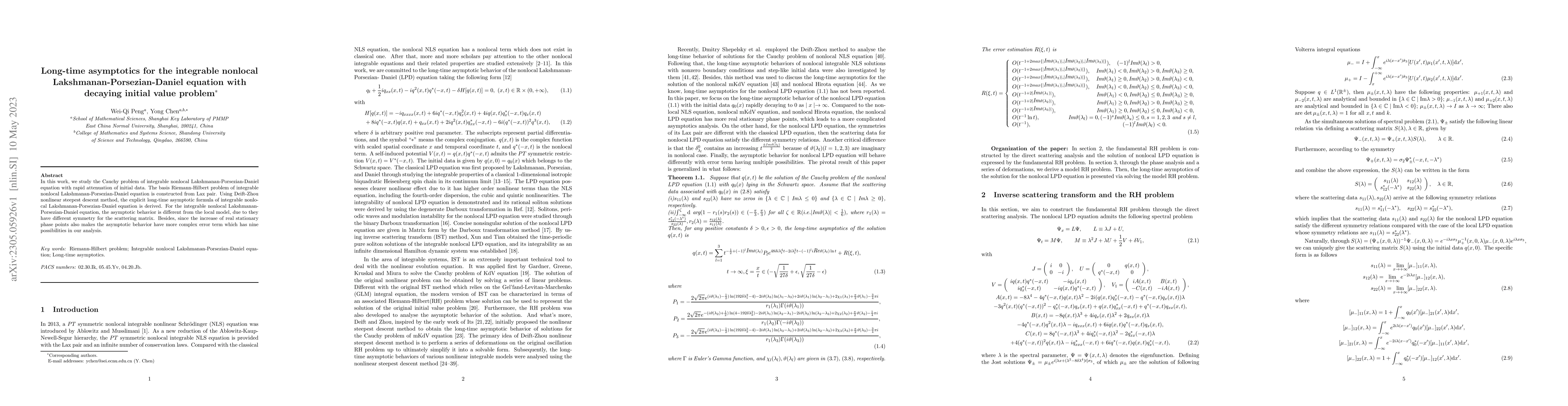 Thumbnail for Long-time asymptotics for the integrable nonlocal
  Lakshmanan-Porsezian-Daniel equation with decaying initial value problem