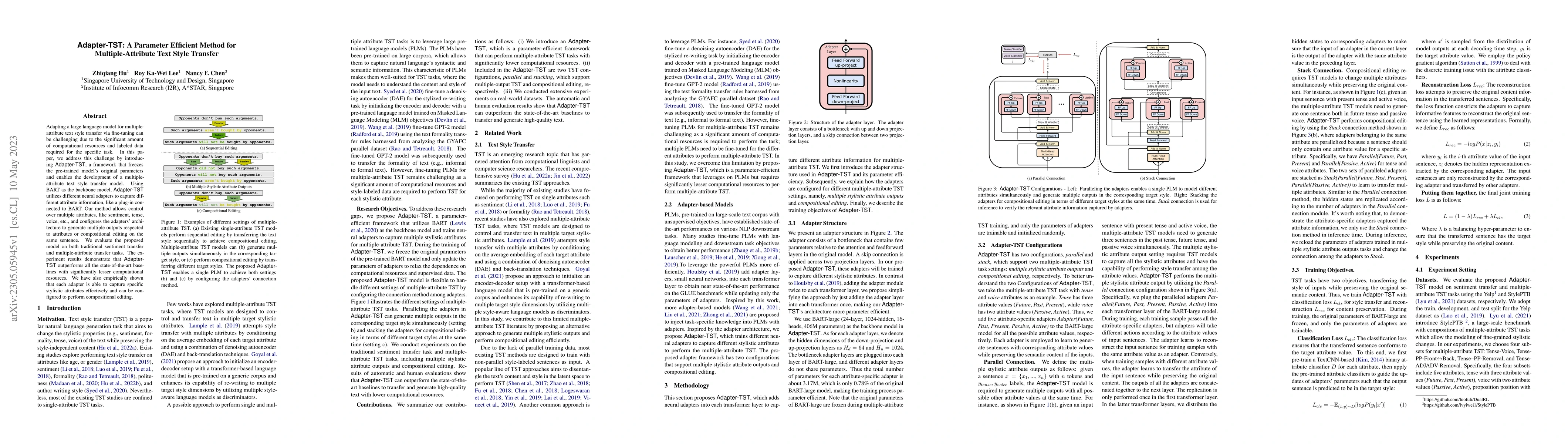 Thumbnail for Adapter-TST: A Parameter Efficient Method for Multiple-Attribute Text
  Style Transfer