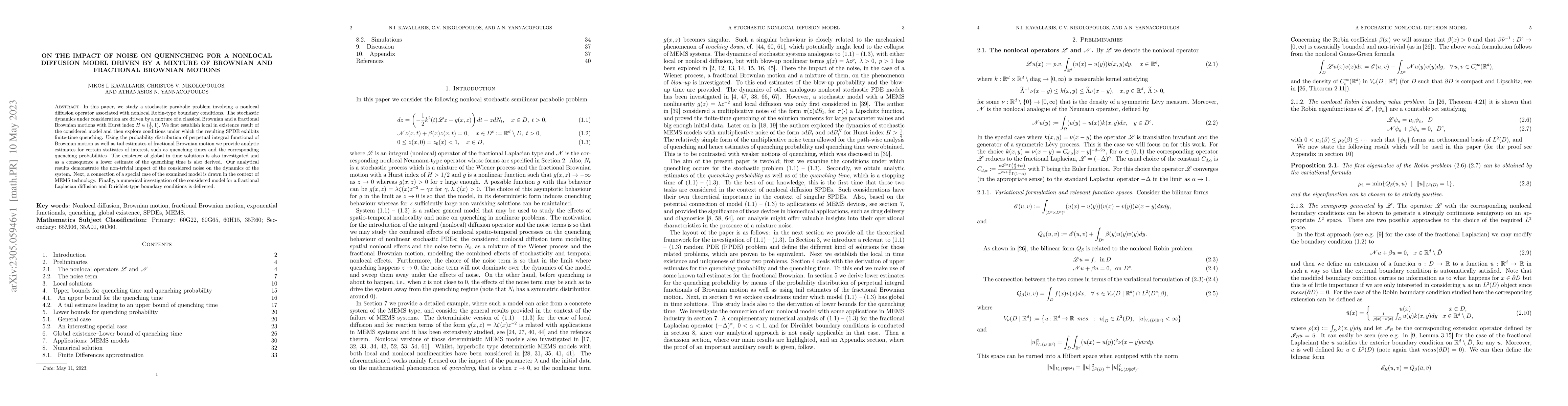Thumbnail for On the impact of noise on quennching for a nonlocal diffusion model
  driven by a mixture of Brownian and fractional Brownian motions
