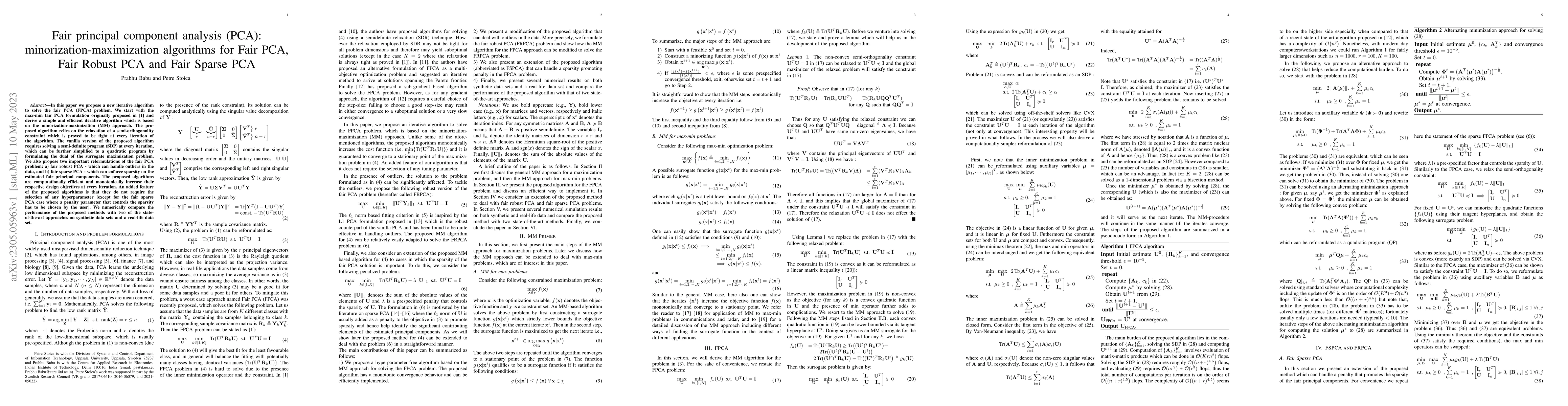 Thumbnail for Fair principal component analysis (PCA): minorization-maximization
  algorithms for Fair PCA, Fair Robust PCA and Fair Sparse PCA